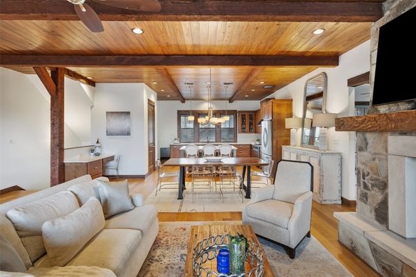 Dining room, Fireplace, Interior, Kitchen, Living room, Pendant Lights, Recessed Lighting, Wooden Beams, Wooden Ceilings, Wood Texture Flooring