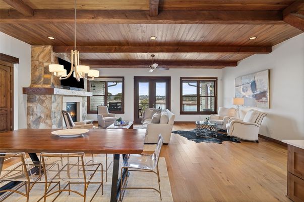 Chandelier, Dining room, Fireplace, Interior, Living room, Recessed Lighting, Wooden Beams, Wooden Ceilings, Wood Texture Flooring