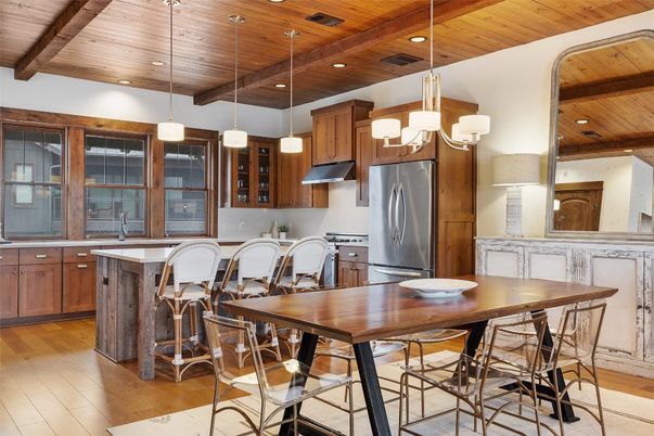 Dining room, Interior, Kitchen, Pendant Lights, Recessed Lighting, Stainless Steel Appliances, Wooden Beams, Wooden Ceilings, Wood Texture Flooring
