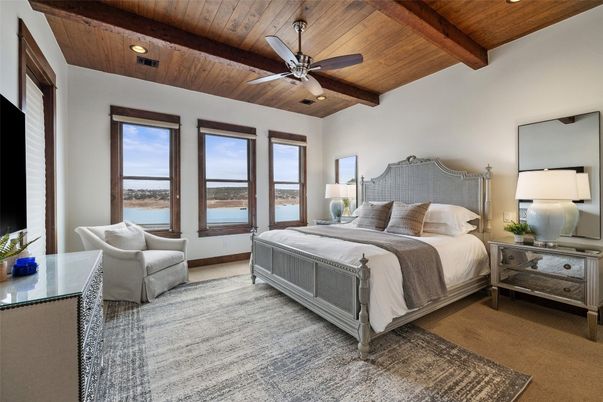 Bedroom, Interior, Recessed Lighting, Water, Wooden Beams, Wooden Ceilings