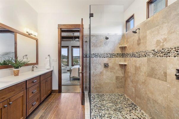 Bathroom, Dual Sink Vanities, Glass Shower, Interior, Wood Texture Flooring