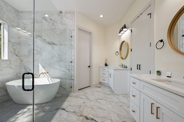 Bathroom, Dual Sink Vanities, Free Standing Baths, Interior, Marble, Marble Walls, Recessed Lighting