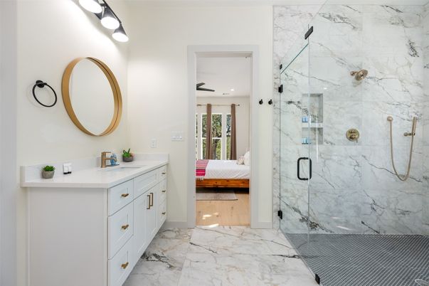 Bathroom, Glass Shower, Interior, Marble, Marble Walls, Recessed Lighting