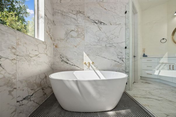 Bathroom, Free Standing Baths, Glass Shower, Interior, Marble, Marble Walls