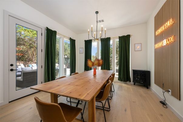Dining room, Fireplace, Interior, Pendant Lights, Wood Texture Flooring