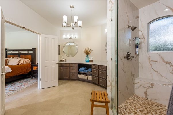 Bathroom, Bedroom, Glass Shower, Interior, Marble Walls, Pendant Lights
