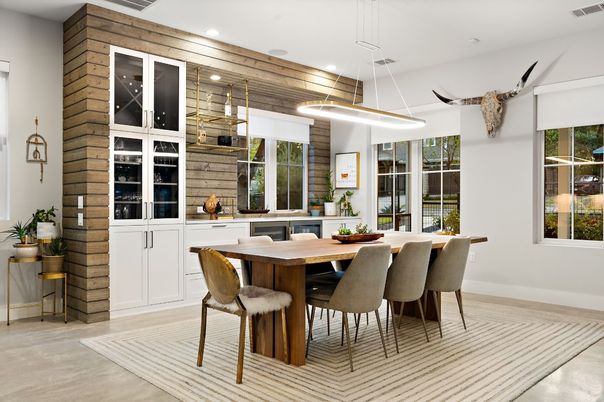 Dining room, Interior, Pendant Lights, Recessed Lighting, Wooden Walls