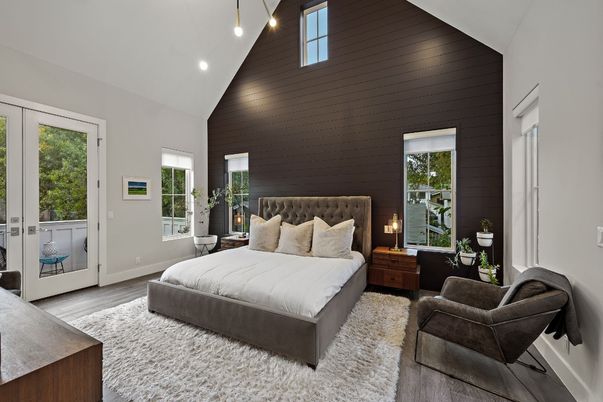 Bedroom, Interior, Recessed Lighting, Wood Texture Flooring, Wooden Walls