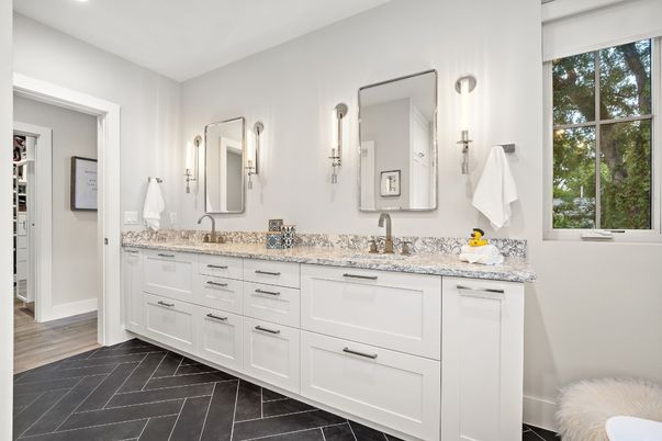 Bathroom, Dual Sink Vanities, Interior, Recessed Lighting, Wood Texture Flooring