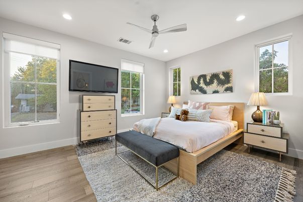 Bedroom, Interior, Recessed Lighting, Wood Texture Flooring