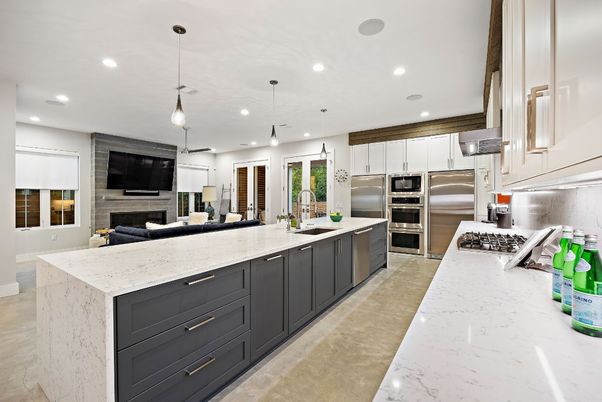 Fireplace, Interior, Kitchen, Pendant Lights, Recessed Lighting, Stainless Steel Appliances