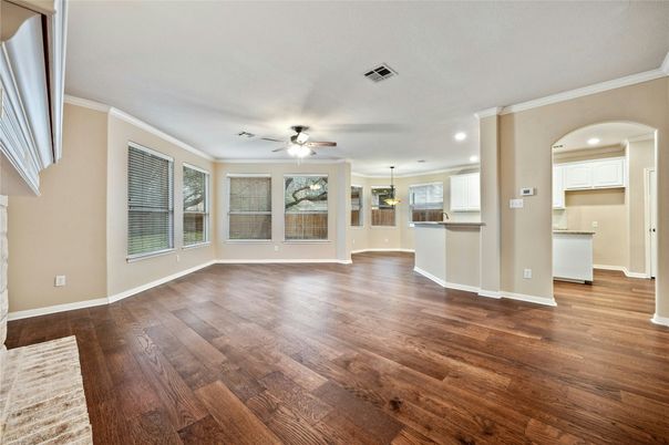 Empty room, Interior, Kitchen, Pendant Lights, Recessed Lighting, Wood Texture Flooring