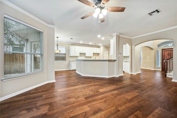 Interior, Kitchen, Pendant Lights, Recessed Lighting, Wood Texture Flooring