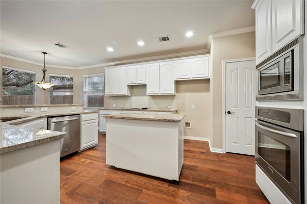 Interior, Kitchen, Pendant Lights, Recessed Lighting, Stainless Steel Appliances, Wood Texture Flooring