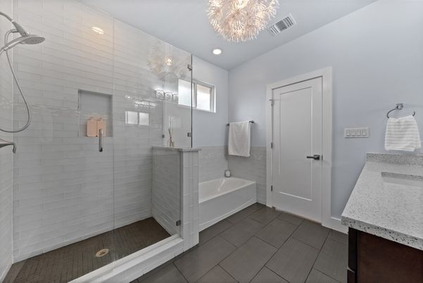 Bathroom, Chandelier, Glass Shower, Interior, Recessed Lighting