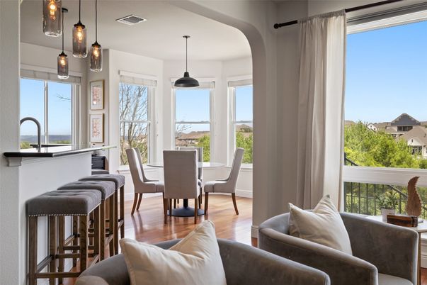 Dining room, Interior, Living room, Pendant Lights, Wood Texture Flooring