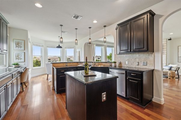 Interior, Kitchen, Pendant Lights, Recessed Lighting, Wood Texture Flooring