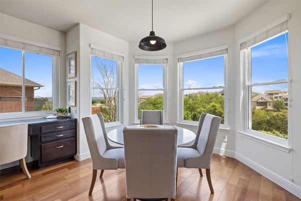 Dining room, Interior, Pendant Lights, Wood Texture Flooring