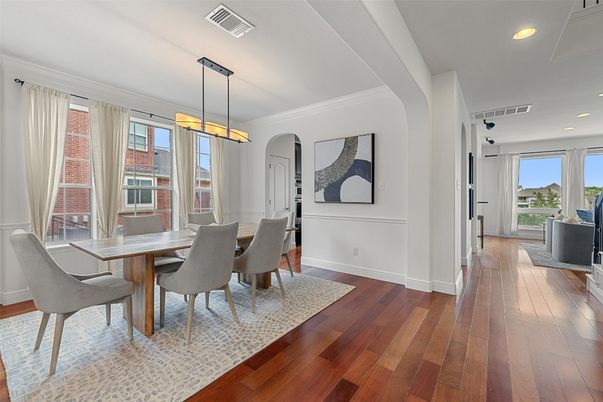 Dining room, Interior, Pendant Lights, Recessed Lighting, Wood Texture Flooring