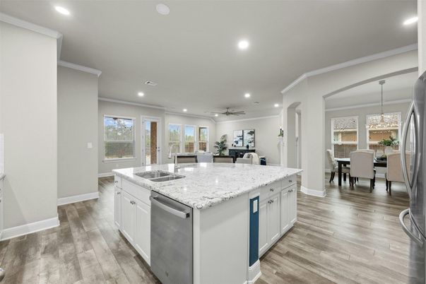 Dining room, Interior, Kitchen, Pendant Lights, Recessed Lighting, Wood Texture Flooring