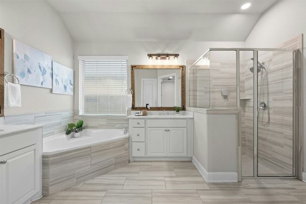 Bathroom, Dual Sink Vanities, Glass Shower, Interior, Recessed Lighting