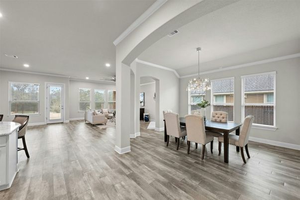 Chandelier, Dining room, Interior, Living room, Recessed Lighting, Wood Texture Flooring