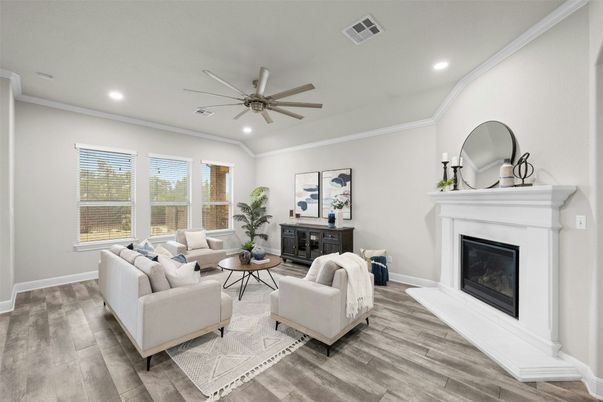 Fireplace, Interior, Living room, Recessed Lighting, Wood Texture Flooring