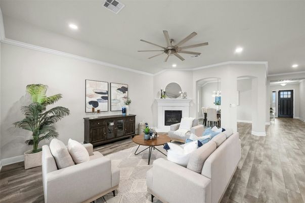 Dining room, Fireplace, Interior, Living room, Pendant Lights, Recessed Lighting, Wood Texture Flooring