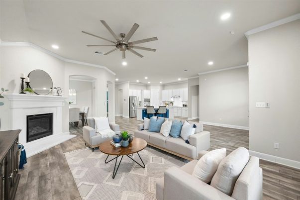Fireplace, Interior, Kitchen, Living room, Recessed Lighting, Wood Texture Flooring