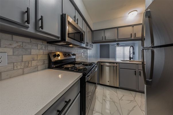 Interior, Kitchen, Marble, Stainless Steel Appliances, Stone Walls