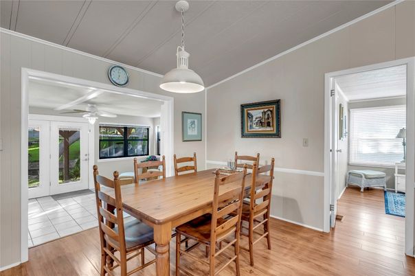 Dining room, Interior, Pendant Lights, Wood Texture Flooring