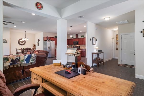 Dining room, Interior, Kitchen, Living room, Pendant Lights, Recessed Lighting, Stainless Steel Appliances, Wood Texture Flooring