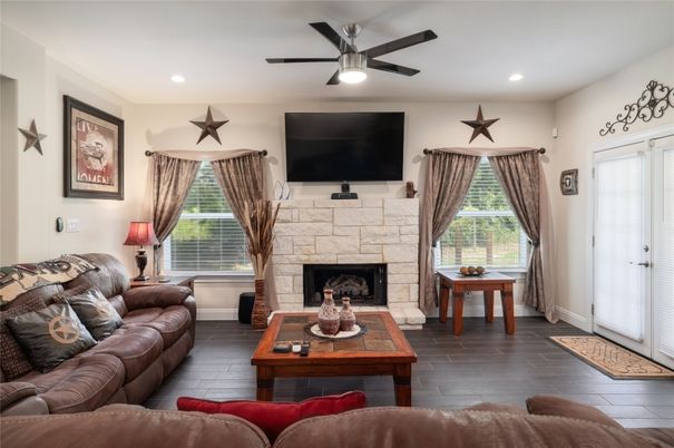 Fireplace, Interior, Living room, Recessed Lighting, Wood Texture Flooring