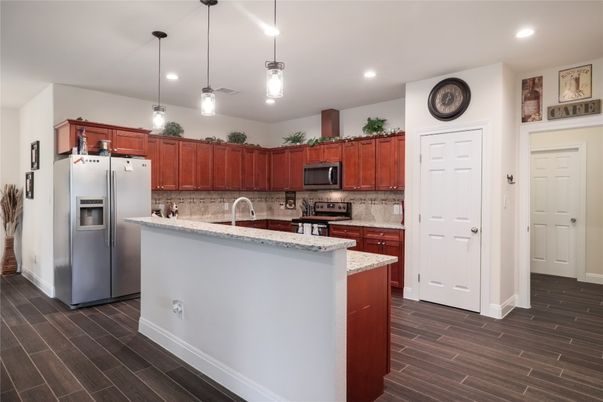 Interior, Kitchen, Pendant Lights, Recessed Lighting, Wood Texture Flooring