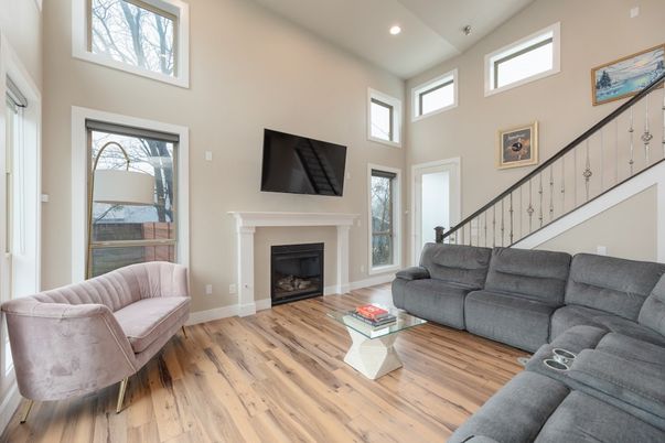Fireplace, Interior, Living room, Recessed Lighting, Wood Texture Flooring
