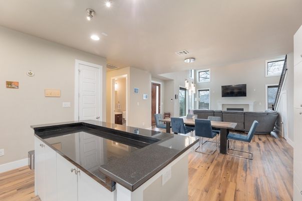Dining room, Interior, Living room, Pendant Lights, Recessed Lighting, Wood Texture Flooring