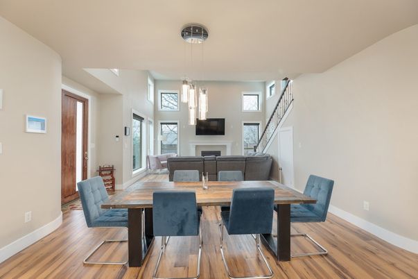 Dining room, Fireplace, Interior, Living room, Pendant Lights, Wood Texture Flooring