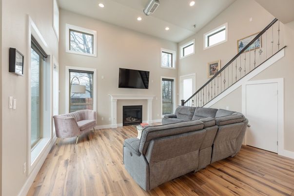 Fireplace, Interior, Living room, Recessed Lighting, Wood Texture Flooring