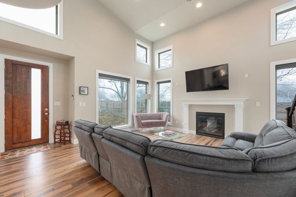 Fireplace, Interior, Living room, Recessed Lighting, Wood Texture Flooring