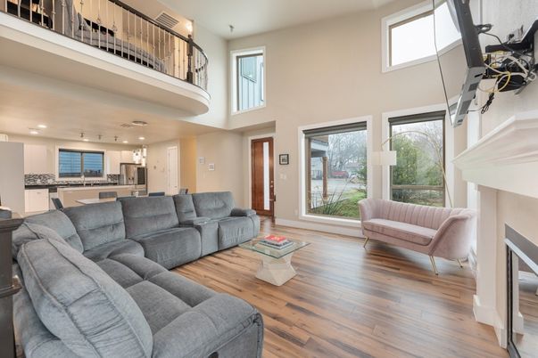 Fireplace, Interior, Kitchen, Living room, Pendant Lights, Recessed Lighting, Wood Texture Flooring