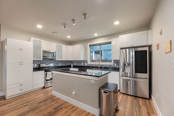 Interior, Kitchen, Recessed Lighting, Stainless Steel Appliances, Wood Texture Flooring