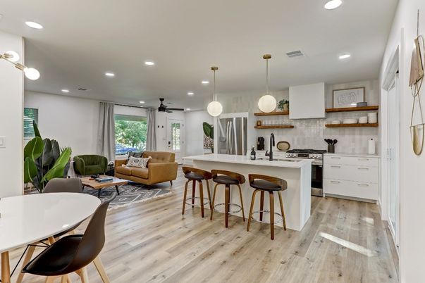 Interior, Kitchen, Living room, Pendant Lights, Recessed Lighting, Stainless Steel Appliances, Wood Texture Flooring