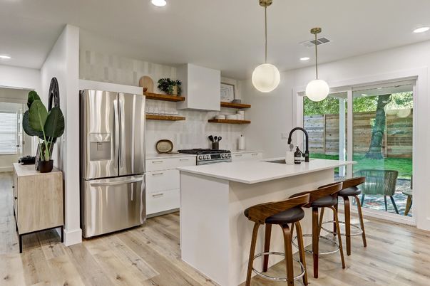Interior, Kitchen, Pendant Lights, Recessed Lighting, Stainless Steel Appliances, Wood Texture Flooring