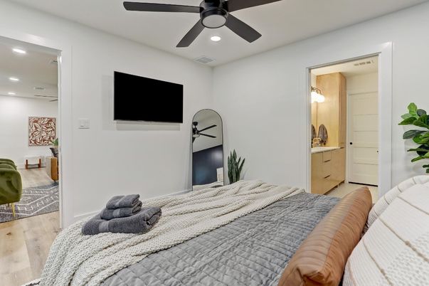 Bedroom, Interior, Recessed Lighting, Wood Texture Flooring