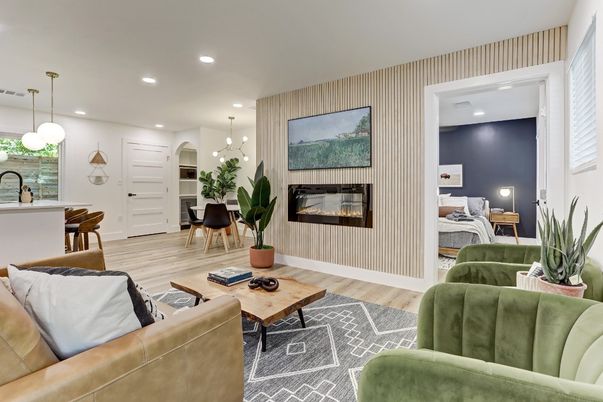 Dining room, Fireplace, Interior, Living room, Pendant Lights, Recessed Lighting, Wood Texture Flooring