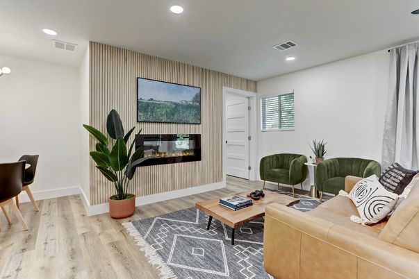 Fireplace, Interior, Living room, Recessed Lighting, Wood Texture Flooring