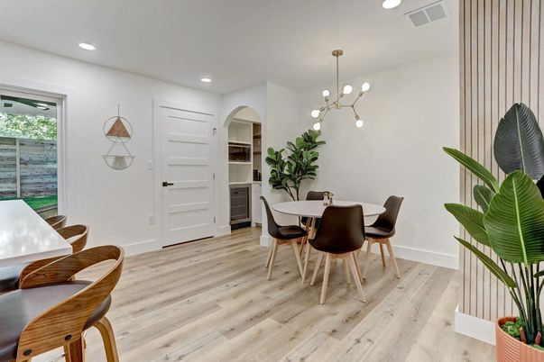 Dining room, Interior, Pendant Lights, Recessed Lighting, Wood Texture Flooring