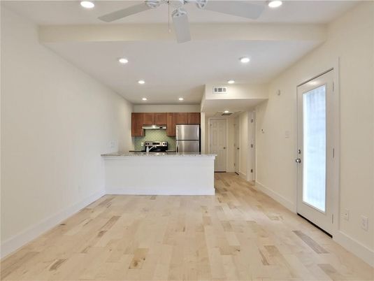 Interior, Kitchen, Recessed Lighting, Stainless Steel Appliances, Wood Texture Flooring
