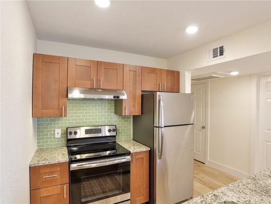 Interior, Kitchen, Recessed Lighting, Stainless Steel Appliances, Wood Texture Flooring