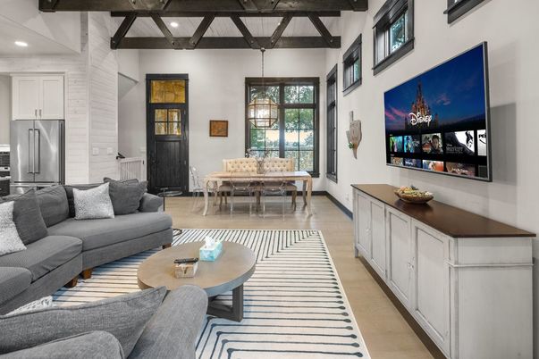 Dining room, Interior, Kitchen, Living room, Pendant Lights, Recessed Lighting, Stainless Steel Appliances, Wooden Beams, Wood Texture Flooring